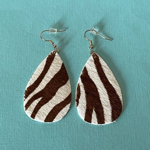 Handmade animal print drop earrings, zebra print earrings, 3&quot; drop earrings, leaf earrings, striped earrings, pierced earrings, boho, hippie