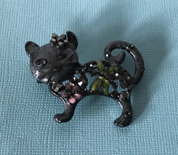 Rhinestone cat brooch, hippie cat pin, boho cat p… - image 5