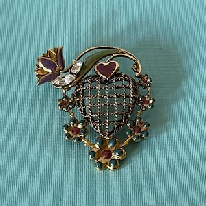 Vintage heart brooch, rhinestone heart pin, heart with flowers brooch, heart jewelry, Valentine&#39;s heart pin, wedding heart, Victorian heart