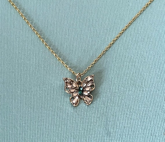 Rhinestone butterfly necklace, green butterfly necklace, butterfly jewelry, gold butterfly necklace, insect jewelry, butterfly pendant