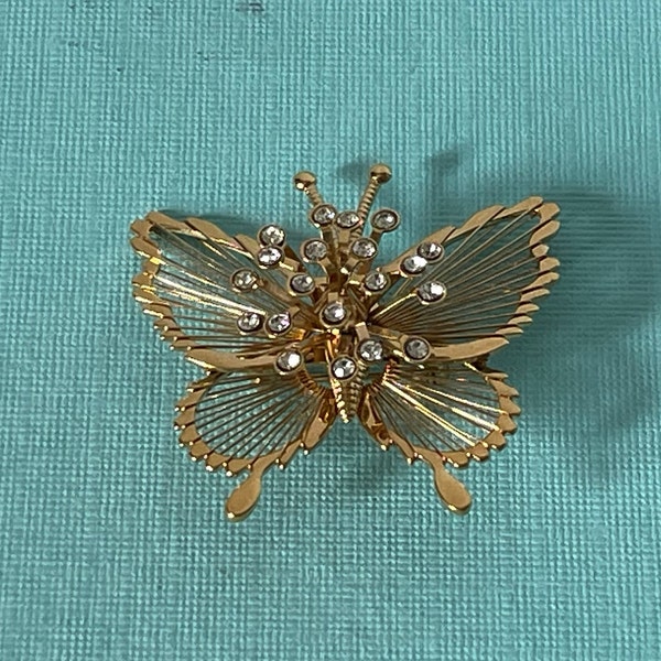 Vintage butterfly brooch, signed Monet butterfly pin rhinestone butterfly pin, gold butterfly pin, butterfly jewelry, moth, summer jewelry,