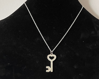 Vintage rhinestone key necklace, skeleton key necklace, key to my heart, silver key necklace, 20" necklace, rhinestone skeleton key necklace