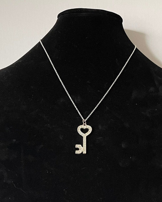 Vintage rhinestone key necklace, skeleton key necklace, key to my heart, silver key necklace, 20" necklace, rhinestone skeleton key necklace