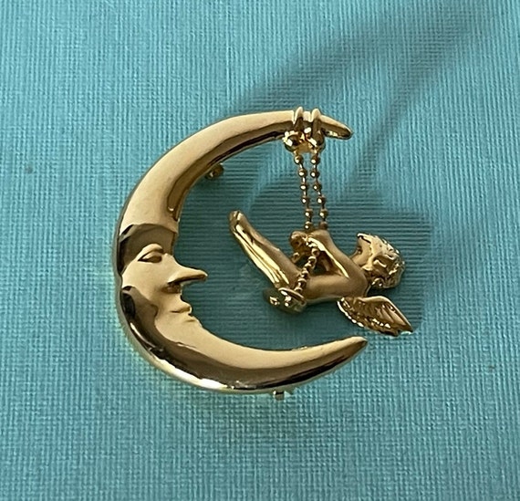 Vintage angel brooch, angel swinging from moon pi… - image 1