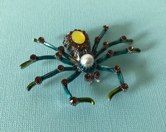 Large rhinestone spider brooch, faux pearl spider pin, Halloween spider pin, Halloween pin, spider jewelry, blue spider pin, yellow spider