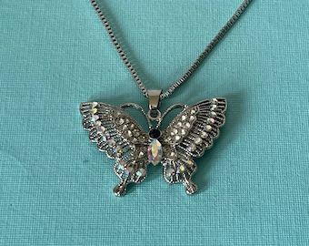 Rhinestone butterfly necklace, 30 inch necklace, silver butterfly necklace, butterfly jewelry, butterfly pendant, rhinestone butterfly