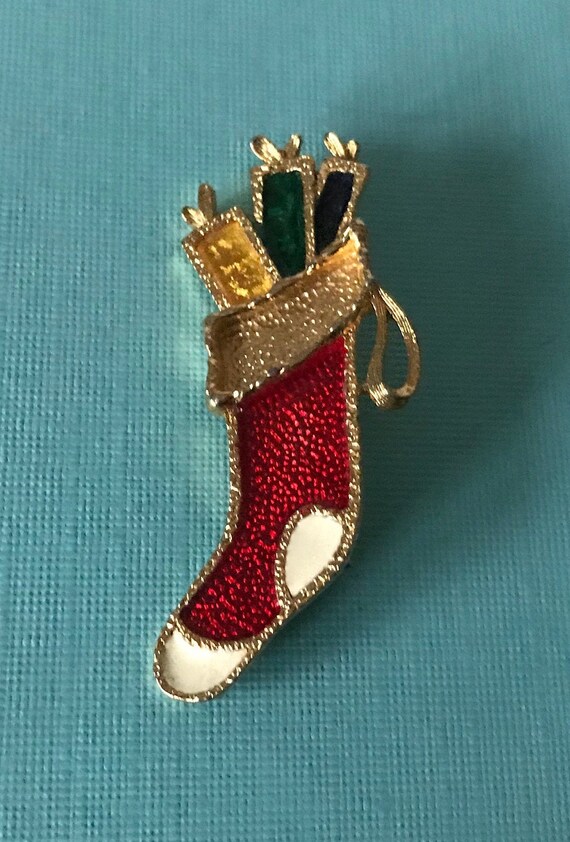 Vintage stocking brooch, Christmas stocking pin, h