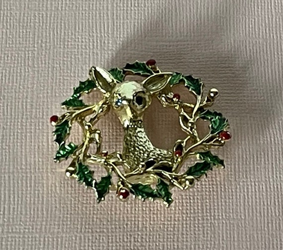 Vintage reindeer brooch, vintage wreath brooch, r… - image 6