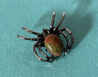 Vintage spider brooch, jasper spider brooch, tarantula brooch, spider jewelry, green spider pin, wedding spider pin, lucky spider brooch