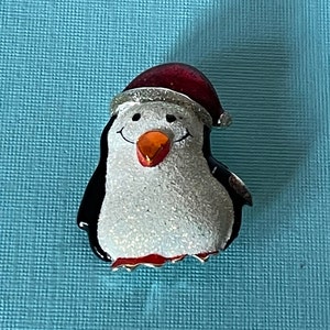 Vintage penguin pin, Christmas penguin brooch, glittery penguin pin, Santa penguin pin, signed Danecraft brooch, penguin jewelry, Christmas