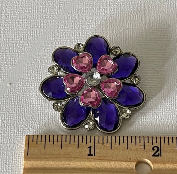 Vintage flower brooch, rhinestone flower pin, pur… - image 6