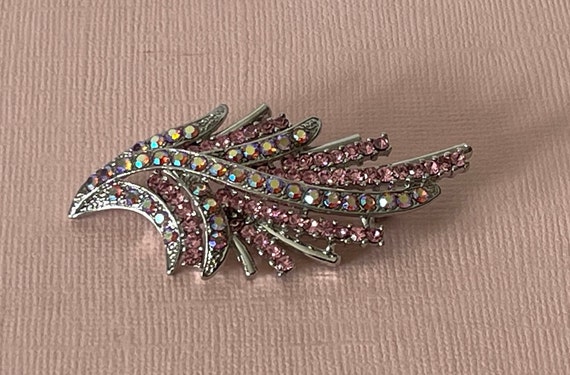 Rhinestone leaf brooch, pink rhinestone leaf, lea… - image 1