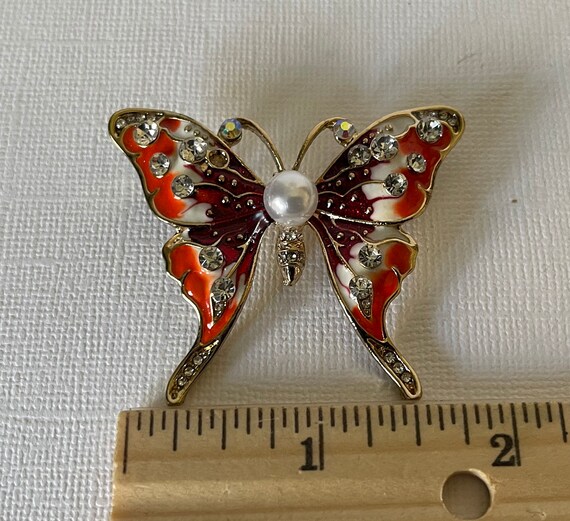 Orange butterfly brooch, rhinestone butterfly pin… - image 4