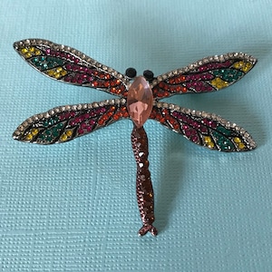 Rhinestone dragonfly brooch, multi colored dragonfly brooch, dragonfly jewelry, pink dragonfly pin, dragonflies, insect brooch, dragonfly