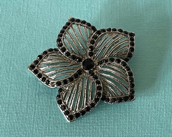 Vintage flower brooch, daisy pin, black rhinestone flower brooch, flower jewelry, silver flower brooch, black flower brooch daisy, sunflower