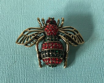 Green and red rhinestone bumble bee pin, bee pin, bee jewelry, red rhinestone bee, green bee pin, insect pin, red and green bee brooch