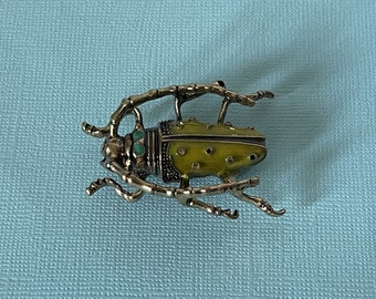 Rhinestone roach pin, green roach brooch, locust pin, beetle brooch, rhinestone beetle pin, insect jewelry, green beetle pin, scarab pin