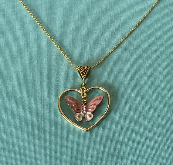 Butterfly necklace, rhinestone butterfly necklace, heart necklace, pink butterfly necklace, 20" necklace, gold heart necklace, heart jewelry