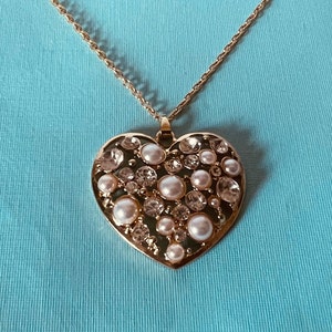 Heart necklace, 25&quot; heart necklace, faux pearl heart necklace, rhinestone heart necklace, heart pendant, heart jewelry, Valentine&#39;s jewelry
