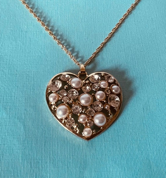 Heart necklace, 25" heart necklace, faux pearl heart necklace, rhinestone heart necklace, heart pendant, heart jewelry, Valentine's jewelry
