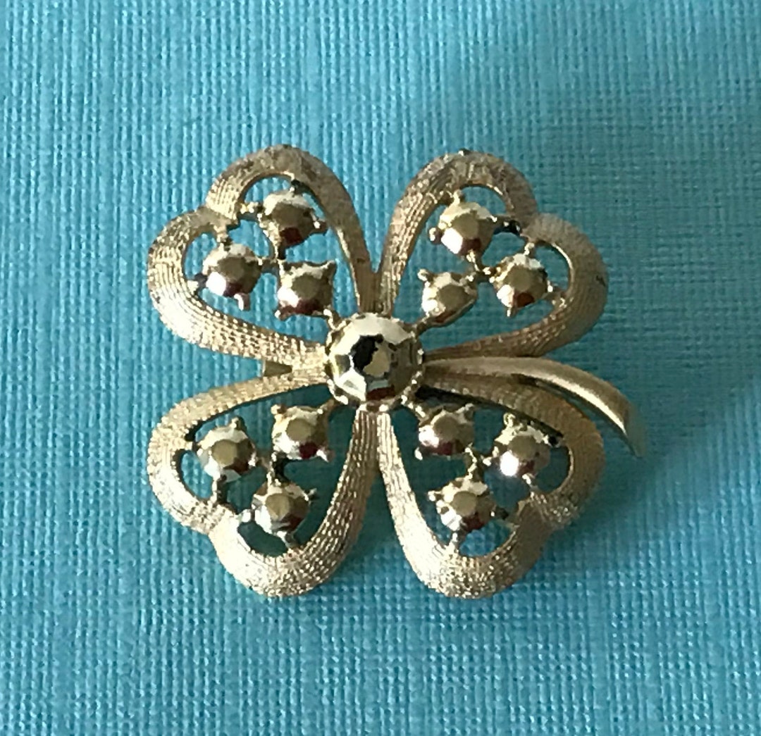 Broche trèfle en strass vintage : porte-bonheur doré Mid
