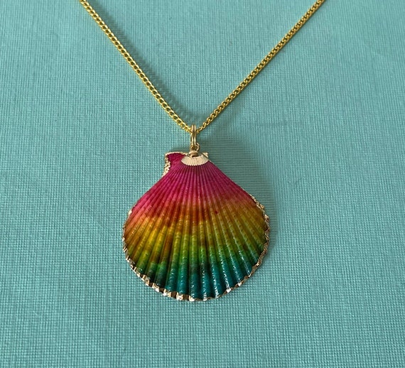 Rainbow shell necklace, 24" shell necklace, gold … - image 2