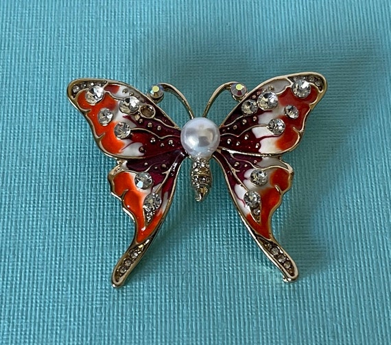 Orange butterfly brooch, rhinestone butterfly pin… - image 1