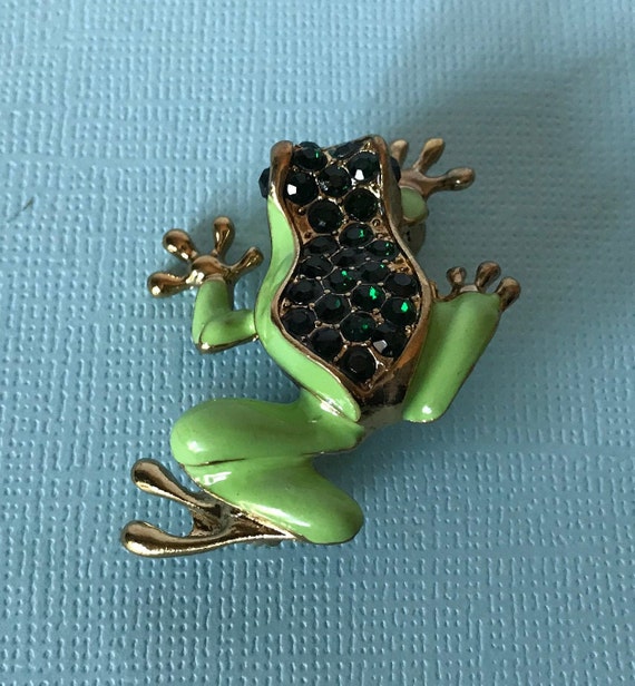 Rhinestone frog brooch, green rhinestone frog pin,