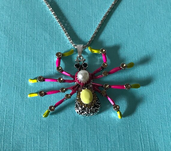 Large spider necklace, pink spider necklace, yello