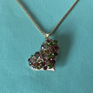 Rhinestone heart necklace, multi colored heart pendant, heart jewelry, Valentine&#39;s heart necklace, gifts for her, 30 inch heart necklace