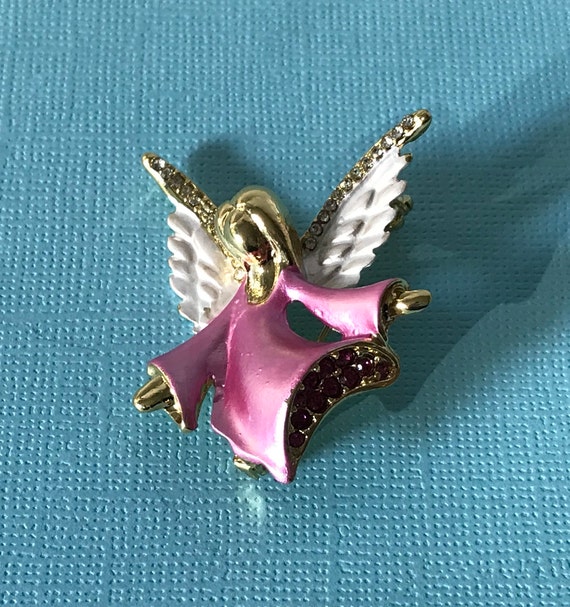 Pink angel pin, rhinestone angel pin, heavenly an… - image 1
