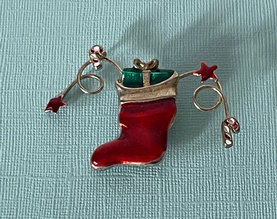Vintage stocking brooch, Christmas stocking pin, … - image 1