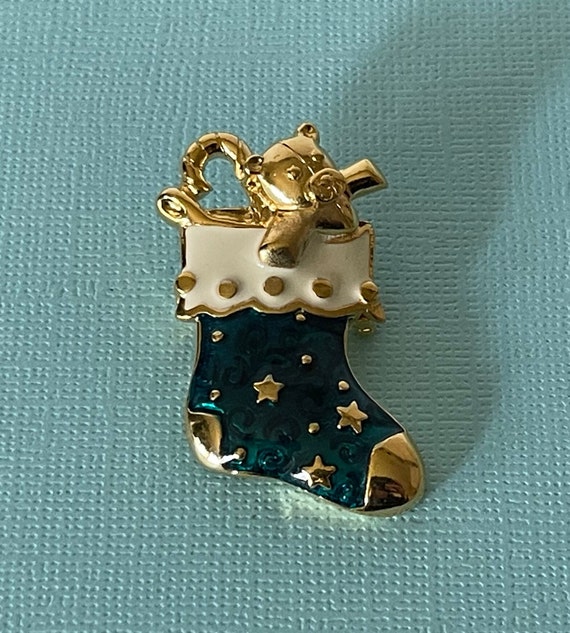 Vintage stocking brooch, Christmas stocking pin, … - image 1