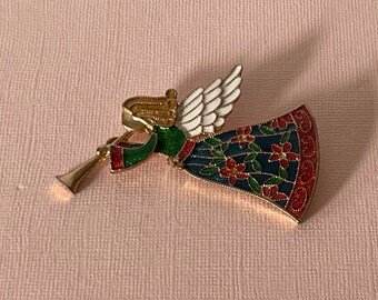 Vintage angel brooch, angel with horn pin, angel brooch vintage, Christmas angel pin, poinsettia angel pin, angel jewelry, Christmas jewelry