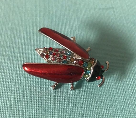 Multi colored rhinestone roach brooch, insect pin… - image 1