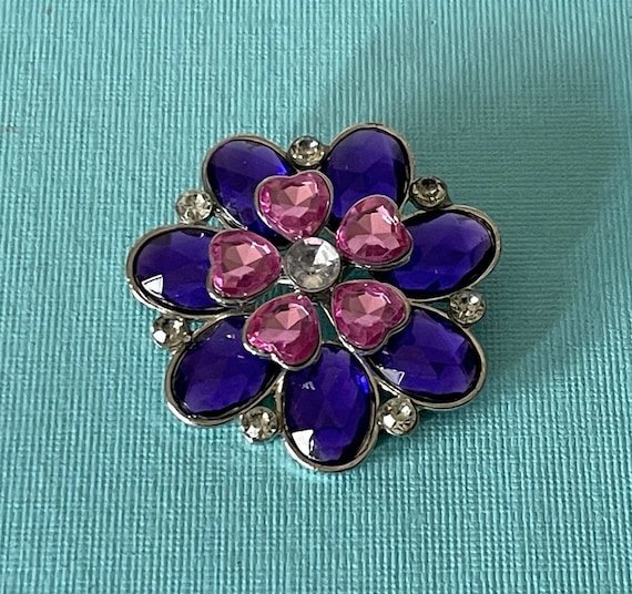 Vintage flower brooch, rhinestone flower pin, pur… - image 1