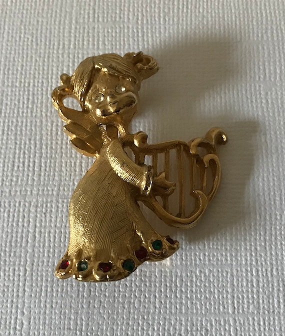 VIntage Christmas angel brooch, gold angel pin, re