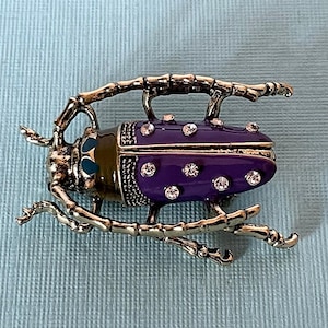 Rhinestone longhorn beetle brooch, purple roach brooch, scarab pin, locust pin, purple beetle pin, rhinestone roach pin, insect pin, roach