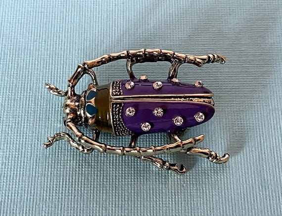 Rhinestone longhorn beetle brooch, purple roach brooch, scarab pin, locust pin, purple beetle pin, rhinestone roach pin, insect pin, roach