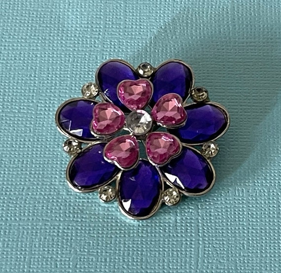 Vintage flower brooch, rhinestone flower pin, pur… - image 2