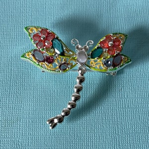 Vintage dragonfly brooch, colorful dragonfly pin, rhinestone dragonfly brooch, rainbow dragonfly pin, dragonfly jewelry, silver dragonfly