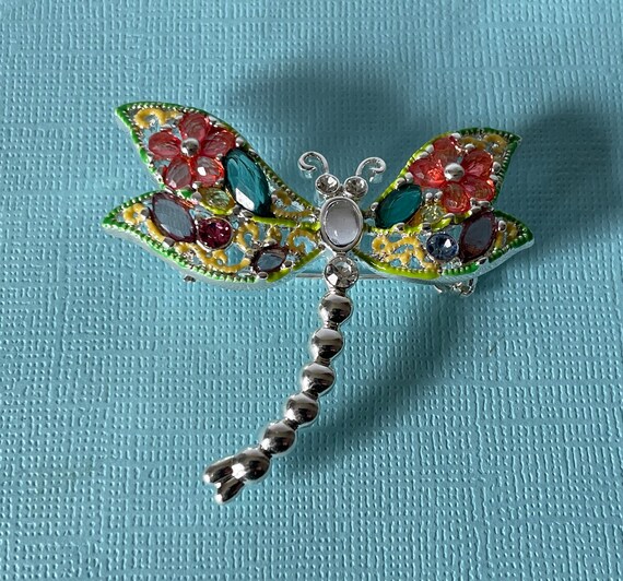 Vintage dragonfly brooch, colorful dragonfly pin, rhinestone dragonfly brooch, rainbow dragonfly pin, dragonfly jewelry, silver dragonfly
