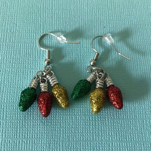 Handmade Christmas lights earrings, Pierced Christmas earrings, red green and yellow Christmas lights earrings, Christmas jewelry, dangle