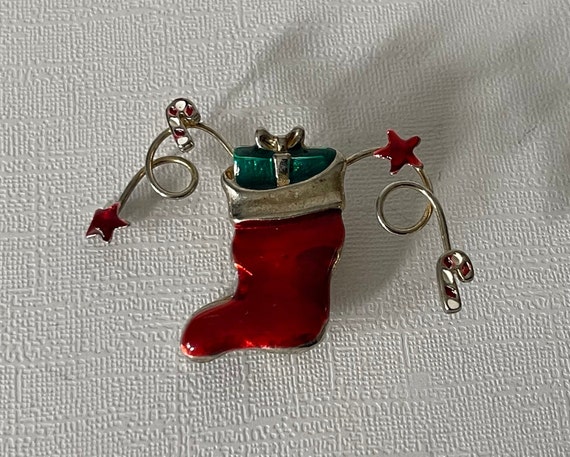 Vintage stocking brooch, Christmas stocking pin, … - image 4