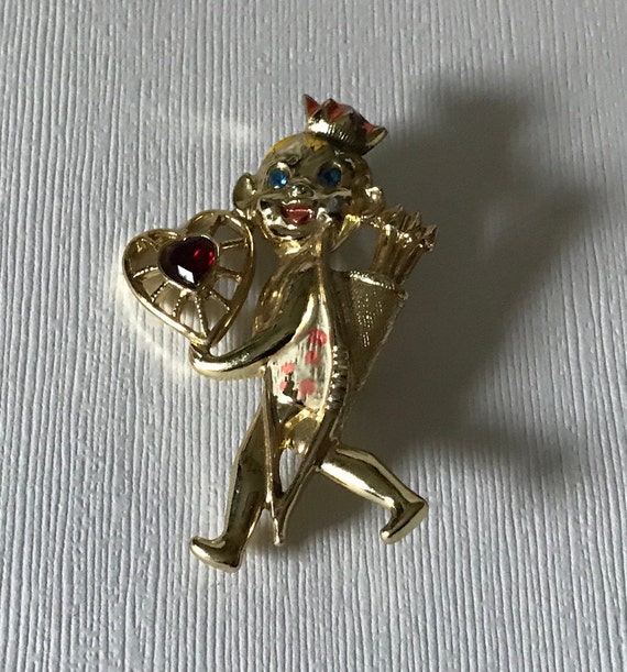 VIntage cupid brooch, Valentine's pin, rhinestone 
