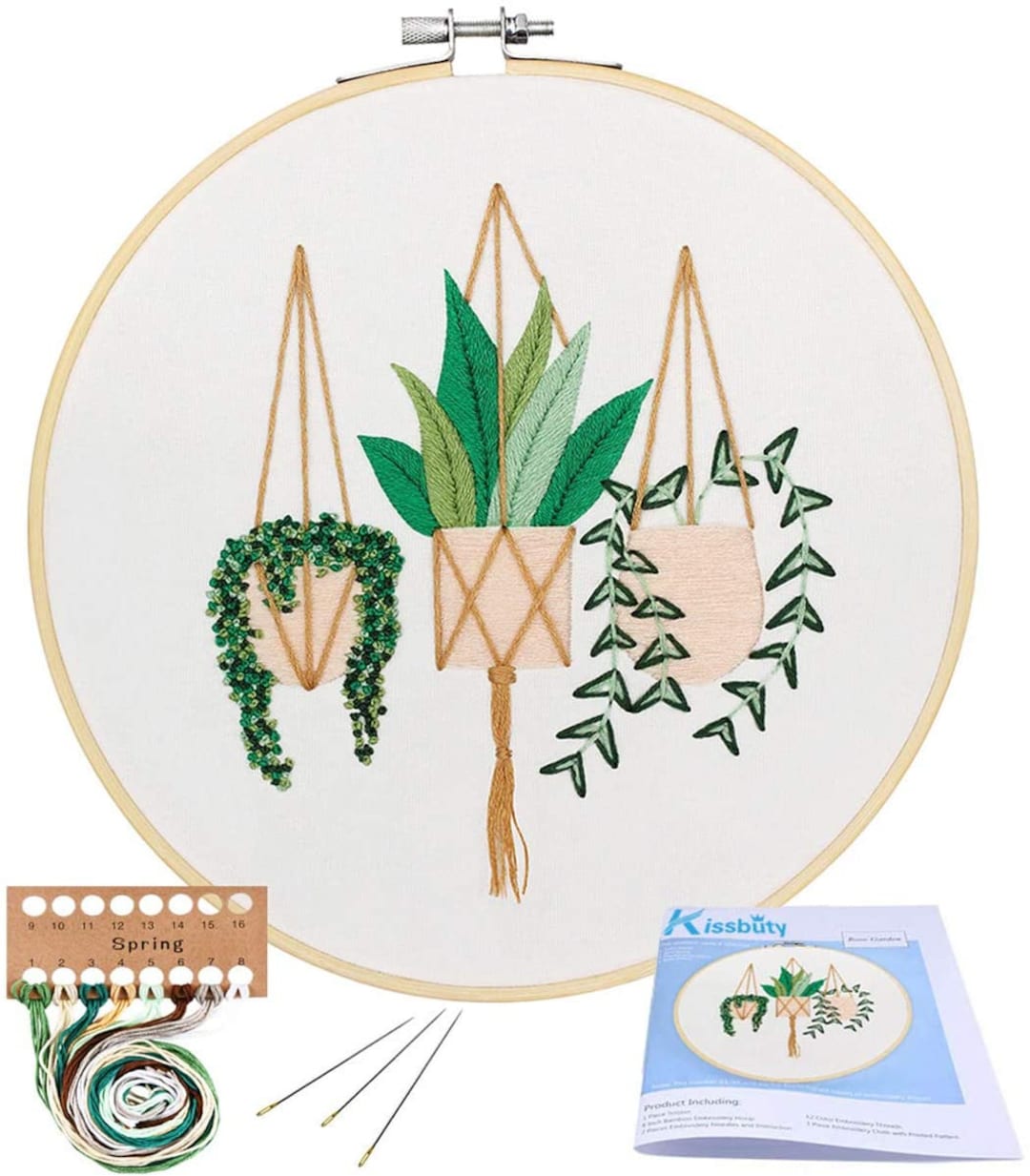 3 Pack Embroidery Starter Kit with Pattern, Kissbuty Full Range of Stamped Embroidery  Kit Including Embroidery Fabric with Pattern, Bamboo Embroidery Hoops,  Color Threads and Tools Kit (Floral Plants)