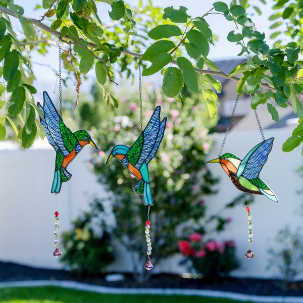 Pack of 3 Hummingbird Stained Glass Window Hanging Decor Giftable Box Handmade Indoor Outdoor Garden Decor Mothers day Gifts