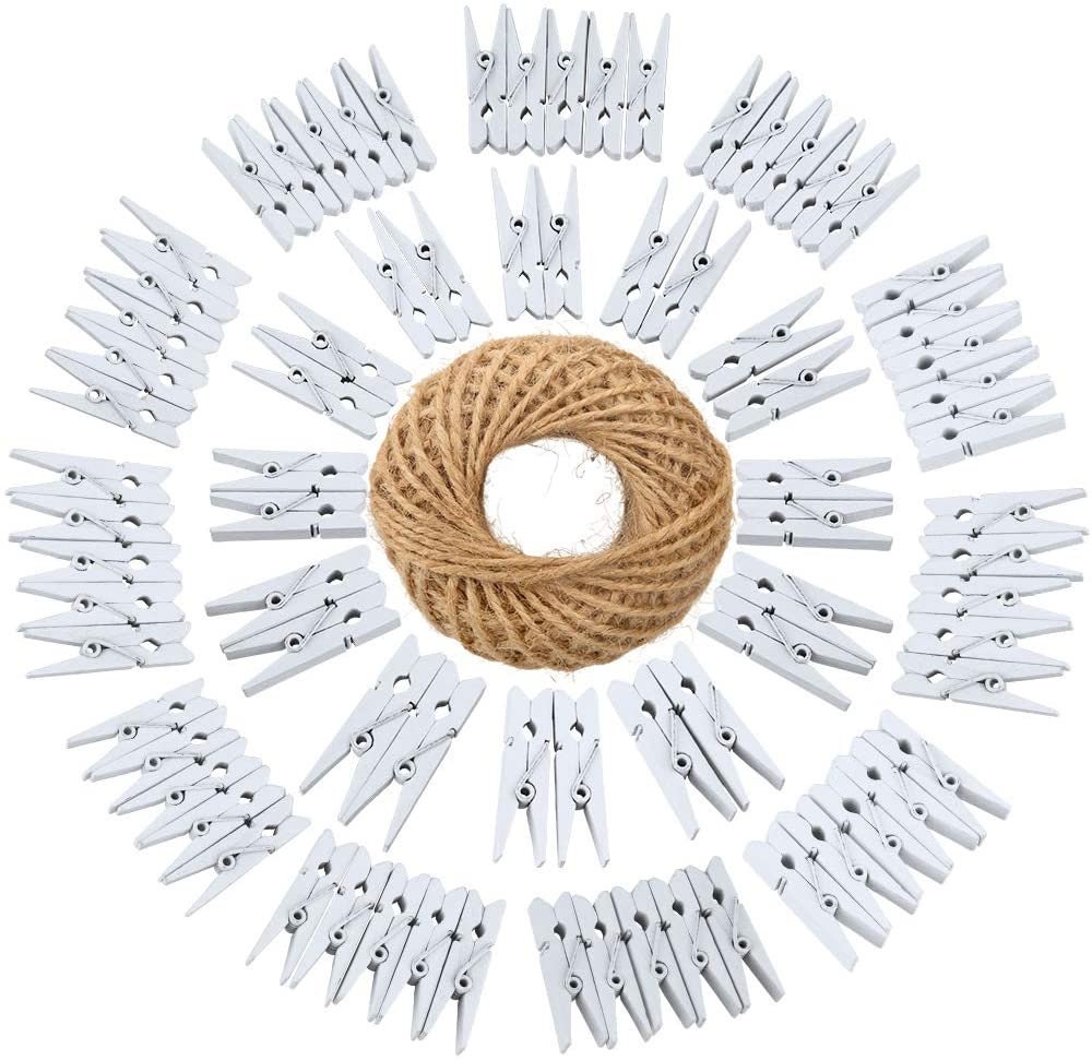 Mini Clothespins, Mini Clothes Pins for Photo, 100 Pack Wooden Small  Clothes Pin with 32 FT Jute Twine String, Tiny Decorative Clothespin for  Little