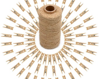 100 Pcs Mini Natural Wooden Clothespins and 328 Feet Jute Twine,Baby Clothes Pins,3.5cm Craft Photo Clips for Home School Arts Crafts Decor