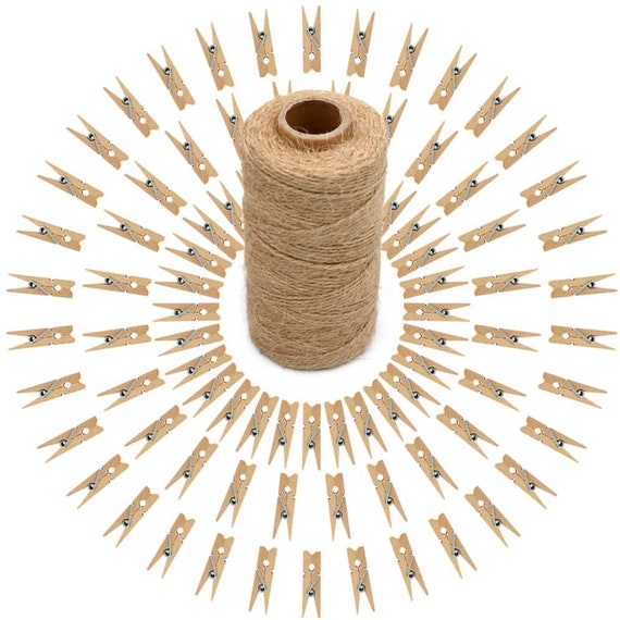 100 Pcs Mini Natural Wooden Clothespins and 328 Feet Jute Twine,baby  Clothes Pins,3.5cm Craft Photo Clips for Home School Arts Crafts Decor 